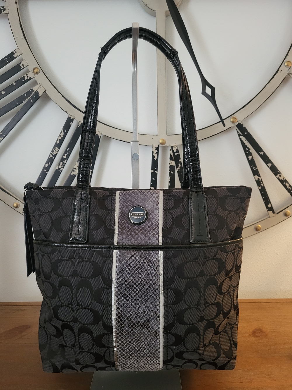 Coach Signature Python Stripe  Tote Shoulder Canvas Bag